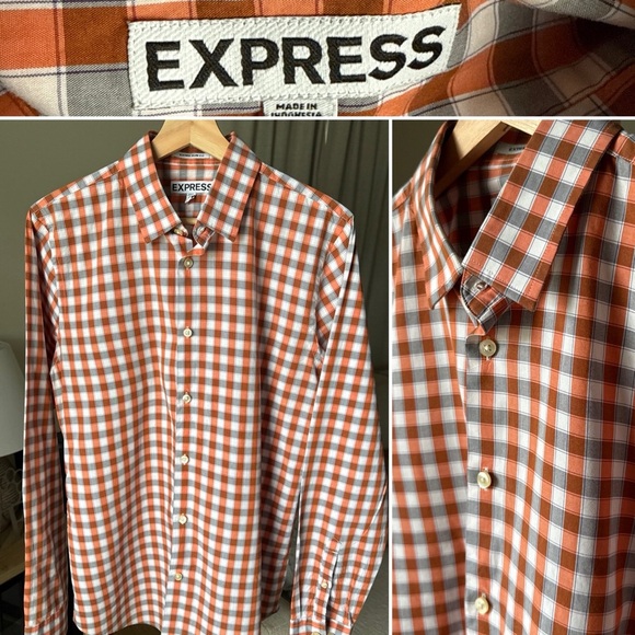 Express Men’s L/S Slim Fit Button Up Orange/white/grey Shirt Size M 15/15.5 - Picture 1 of 8